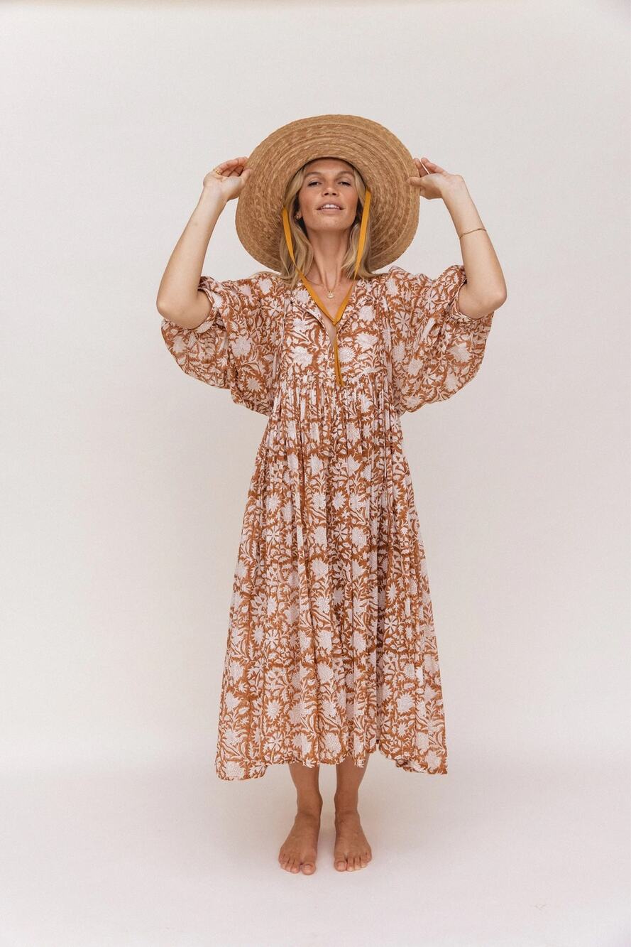 Daughters of India Kyra Midi Dress Carmel Rust Cotton Voile Boho Sustainable S